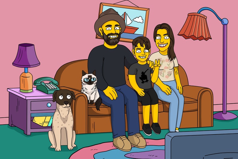 May include: A cartoon illustration of a family sitting on a brown couch in a living room. The family includes a man wearing a hat, a woman, and a boy. There is a cat sitting on the couch next to the man and a dog sitting on the floor. The room has a lamp on a side table, a floor lamp, and a picture on the wall.