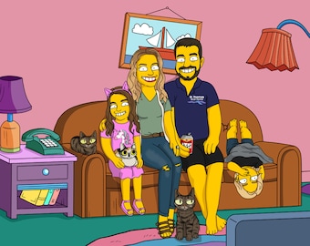 Custom Digital Simpsons Portrait, Personalized Family Cartoon Art, Yellow Character Drawing Homer Bart Style