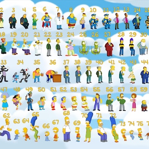 May include: A colorful chart with 77 numbered squares, each containing a different cartoon character. The characters are mostly yellow with various facial expressions and clothing. The background is a blue sky with white clouds.