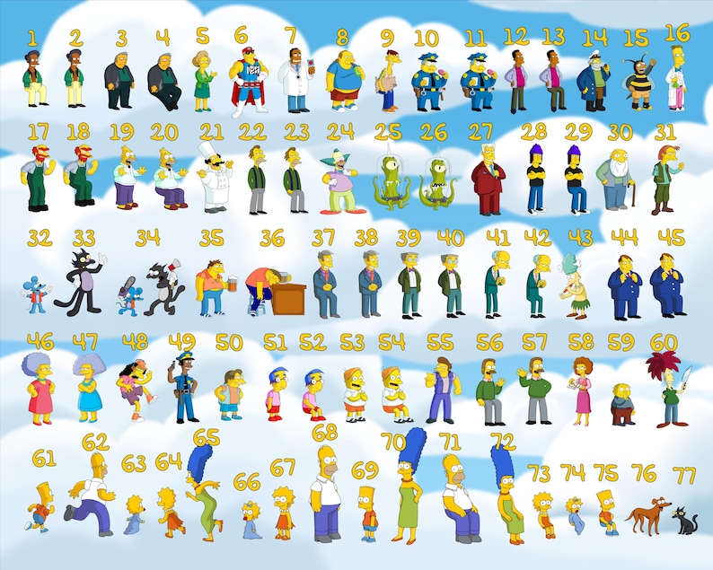 May include: A colorful chart with 77 numbered squares, each containing a different cartoon character. The characters are mostly yellow with various facial expressions and clothing. The background is a blue sky with white clouds.