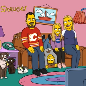 Zimowy Śnieg Simpson Portret Niestandardowa Scena Świąteczna Rysunek, Spersonalizowany Żółty Charakter Sezonowy Świąteczny Sztuka Cyfrowy Wydruk Prezent Bożonarodzeniowy