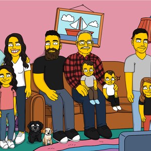 May include: A cartoon illustration of a family of nine, including two dogs, sitting on a brown couch in front of a pink wall. The family is smiling and looking at the camera. There is a painting of a sailboat on the wall behind them.