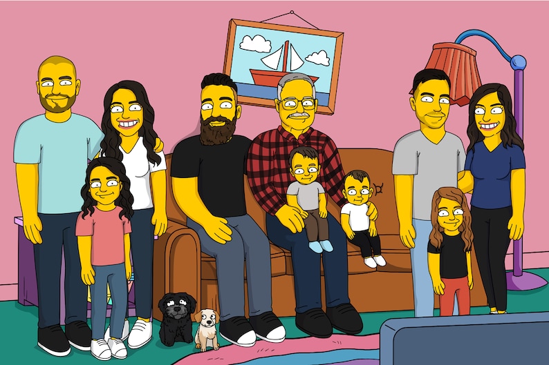May include: A cartoon illustration of a family of nine, including two dogs, sitting on a brown couch in front of a pink wall. The family is smiling and looking at the camera. There is a painting of a sailboat on the wall behind them.