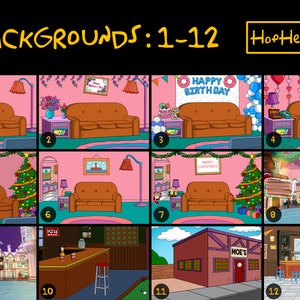 May include: Twelve different digital backgrounds featuring a living room with a couch, a Christmas tree, a birthday party, a bar, and a snowy town scene. The backgrounds are perfect for use in digital design projects.