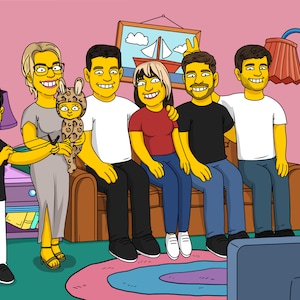Retrato de Simpson hecho a mano, dibujo familiar personalizado, regalo de impresión digital personalizado, dibujo de personaje amarillo estilo Matt Groening