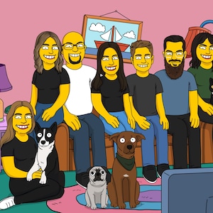 Święto Dziękczynienia Żółty Simpson Portret Niestandardowy Rysunek Kolacji Indyka, Spersonalizowany Charakter Rodzinne Spotkanie Sezonowe Sztuka Cyfrowy Wydruk Prezent