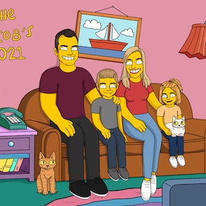 May include: A cartoon illustration of a family of four sitting on a brown couch in a living room. The family is made up of a man, a woman, a boy, and a girl. The man is wearing a maroon shirt and black pants. The woman is wearing a red shirt and blue jeans. The boy is wearing a gray shirt and blue jeans. The girl is wearing a yellow shirt and blue jeans. There is a cat sitting on the floor in front of the couch. The text "The Jacob's 2021" is written on the wall behind the family.