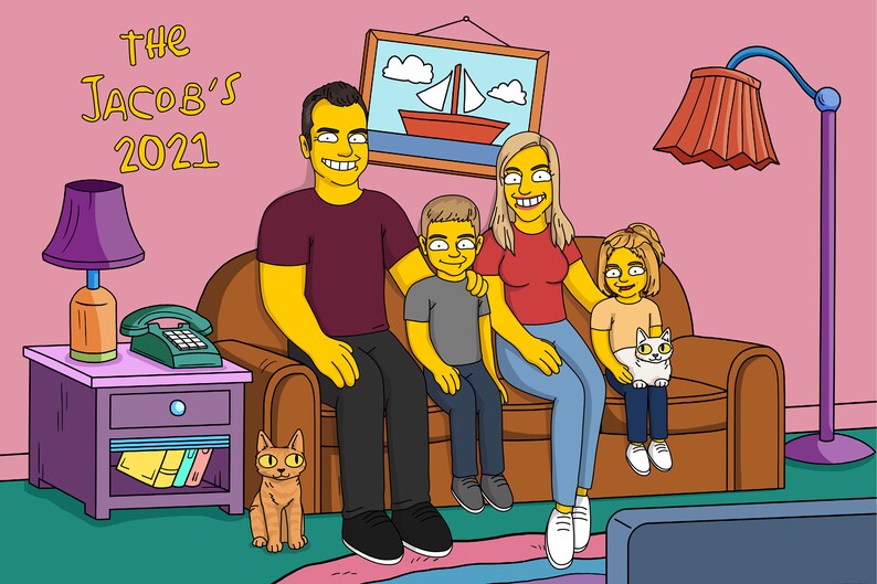 May include: A cartoon illustration of a family of four sitting on a brown couch in a living room. The family is made up of a man, a woman, a boy, and a girl. The man is wearing a maroon shirt and black pants. The woman is wearing a red shirt and blue jeans. The boy is wearing a gray shirt and blue jeans. The girl is wearing a yellow shirt and blue jeans. There is a cat sitting on the floor in front of the couch. The text "The Jacob's 2021" is written on the wall behind the family.