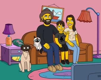 Retrato personalizado de la familia Simpson, retrato personalizado de los Simpson, regalo de los Simpson, retrato de la familia Simpson, retrato personalizado de los Simpson