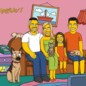 May include: A cartoon illustration of a family of four with their pets. The family is sitting on a brown couch in a living room. The father is wearing a white shirt, the mother is wearing a green dress, the daughter is wearing a red dress, and the son is wearing a red shirt. The family has two dogs and a cat. The text "The Moreno's" is written in the top left corner of the image.