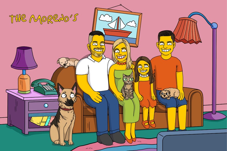 May include: A cartoon illustration of a family of four with their pets. The family is sitting on a brown couch in a living room. The father is wearing a white shirt, the mother is wearing a green dress, the daughter is wearing a red dress, and the son is wearing a red shirt. The family has two dogs and a cat. The text "The Moreno's" is written in the top left corner of the image.