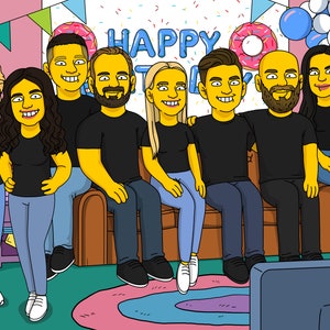 Familieportret in Simpsons-stijl, aangepaste digitale cartoonkunst, gepersonaliseerde gele familietekening tv-show, look mat Groening geïnspireerd cadeau