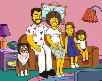 Custom Simpsons Couch Scene - Family Portrait in Cartoon Style, Personalized Gift for Christmas or New Year Celebrations