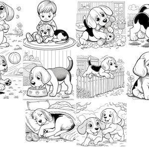 May include: Black and white illustrations of beagles in various activities, including playing with a toy, digging in the dirt, eating from a bowl, sleeping, and jumping over a fence.