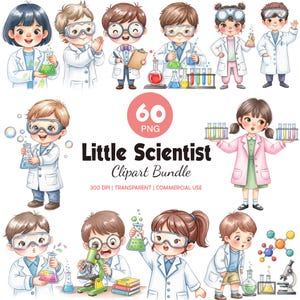 Paquete de imágenes prediseñadas de pequeños científicos, personajes de laboratorio infantiles en acuarela PNG (descarga digital)
