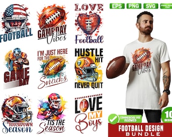 May include: A set of 10 football-themed designs featuring various illustrations and text. The designs include a football player, a football, a heart, and text such as "Game Day Vibes", "Hustle Hit Never Quit", and "Love My Boys".