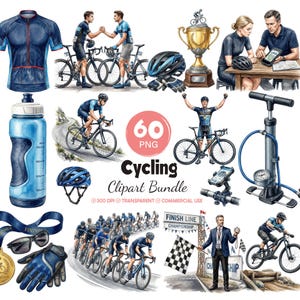 May include: A digital collection of cycling-themed illustrations featuring a blue jersey, bicycles, a gold trophy, a water bottle with measurement markings, a bicycle pump, helmets, gloves, sunglasses, a finisher medal, and various cyclists in action.