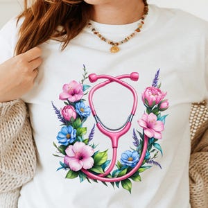 Floral Stethoscope PNG, Pink Nurse Stethoscope T-Shirt Design, Nurse Clipart, Medical Flower Sublimation Design, RN Digital Download