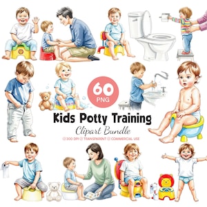 以下が含まれることがあります： 「Kids Potty Training」というタイトルのデジタルクリップアートバンドル。おまるやトイレを使用したり、大人と交流したりする子供たちのイラストが特徴です。画像にはさまざまなシーンが含まれており、商用利用に適しています。