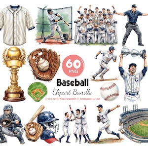 May include: A digital collection of baseball-themed illustrations featuring a pinstriped jersey, players in action, a catcher, a stadium, a gold trophy, a leather glove, a baseball, and a helmet with the text 60 PNG Baseball Clipart Bundle.