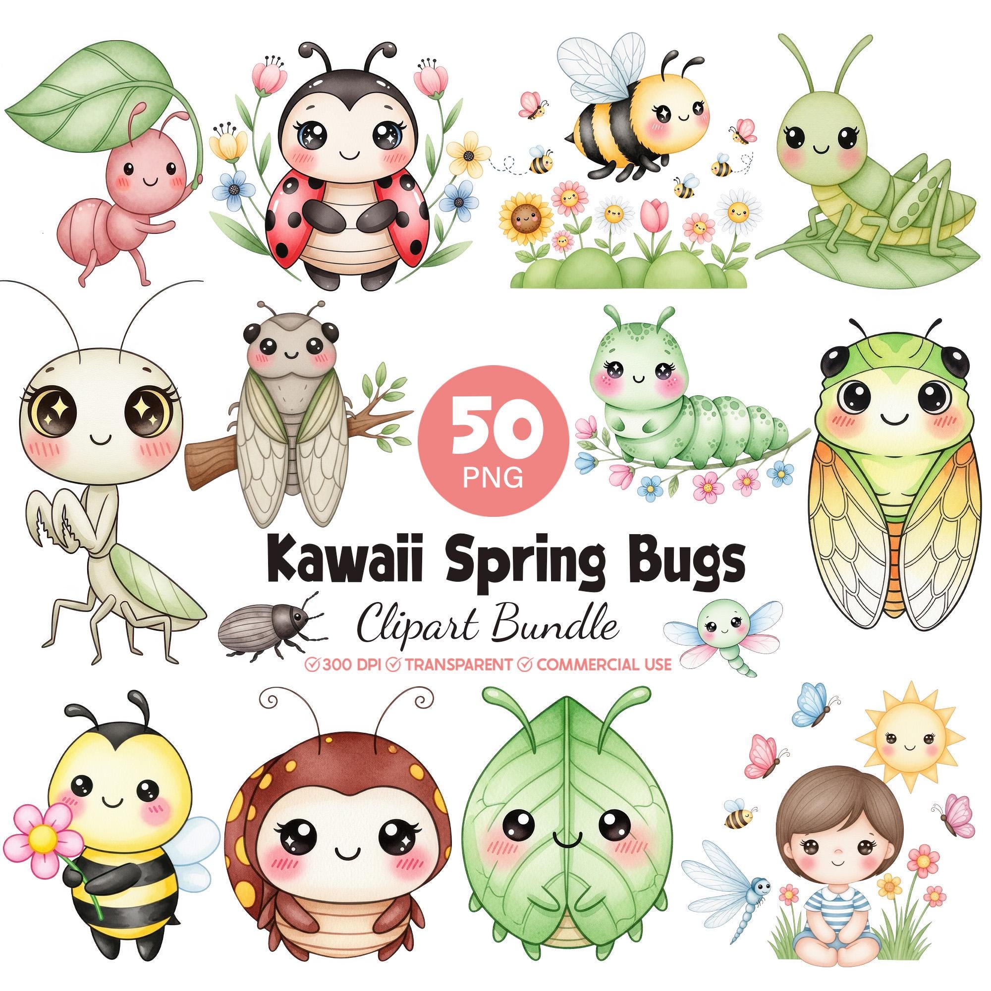 Spring Bug Artwork Kawaii Spring Bugs Clipart, Watercolor Insects PNG Bundle (digital ...