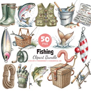 Puede incluir: Una colección digital de ilustraciones con temática de pesca que incluye botas de goma color oliva, una trucha arcoíris, un chaleco con múltiples bolsillos, un cubo de metal con peces, una caja de aparejos, señuelos, un cesto de mimbre y guantes.