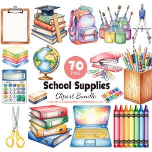 May include: A digital collection of 70 school supply illustrations including a clipboard, books with a graduation cap, a backpack, paint jars, a compass, sticky notes, a globe, a stapler, paper clips, a calculator, a pencil holder, scissors, binders, a laptop, a watercolour set, and crayons.