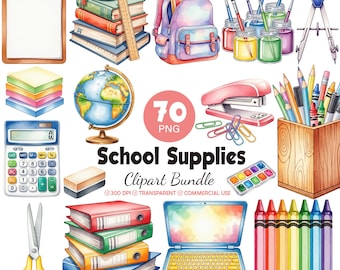 Aquarel schoolbenodigdheden clipartbundel, terug naar school png-afbeeldingen (digitale download)