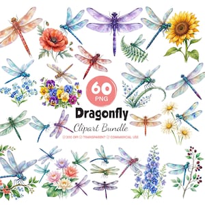 May include: A digital collection of 60 PNG images featuring watercolor illustrations of dragonflies in various colors, including blue, purple, and red, alongside floral elements like sunflowers, poppies, pansies, and daisies with text.