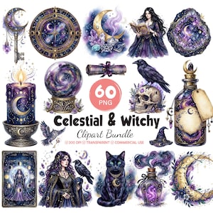 May include: A digital collection of celestial and witchy clipart featuring purple and gold illustrations of moons, stars, crystals, a candle, a crystal ball, a skull with a raven, a black cat, potion bottles, and figures in dark robes.