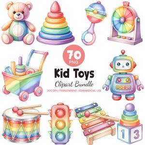 Puede incluir: Ilustración en acuarela de varios juguetes para niños, incluyendo un oso de peluche, anillos apilables, una sonaja, una rueda giratoria, un carrito de juguete, un robot, un tambor, un semáforo, un xilófono y un juguete apilable. Incluye el texto "Kid Toys Clipart Bundle".