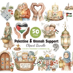 Può includere: Un pacchetto di clipart ad acquerello con il tema del supporto alla Palestina e Ummah. L'immagine include illustrazioni di persone, bandiere, candele, un cuore, un cesto di merci e il testo "Palestine & Ummah Support Clipart Bundle".