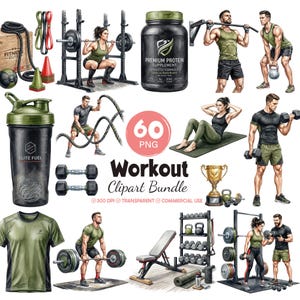 Puede incluir: Una colección digital de 60 imágenes prediseñadas con temática de entrenamiento que incluyen equipos de fitness como mancuernas, pesas rusas, soportes para sentadillas, proteína, batidoras e ilustraciones de personas haciendo ejercicio.