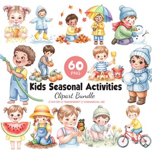以下が含まれることがあります： 「Kids Seasonal Activities」と題されたデジタルクリップアートバンドル。水彩画で描かれた、さまざまな季節の活動をする子供たちのイラストが特徴です。雨の中で遊んだり、雪だるまを作ったり、紅葉を楽しんだりする子供たちの画像が含まれています。