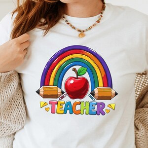 Teacher T-shirt Design, Teacher Rainbow Apple Pencil Design, Cute Back to School Teacher Gift Shirt PNG, Sublimation Graphic for Educators
