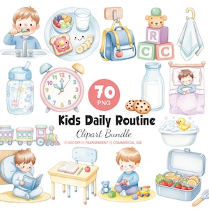 May include: A watercolour illustration titled "Kids Daily Routine Clipart Bundle" featuring various items. Includes a child brushing teeth, a breakfast tray, a backpack, blocks, a clock, a bottle of milk, cookies, a child in bed, a train, a child reading, a desk, a child playing, and a lunchbox.