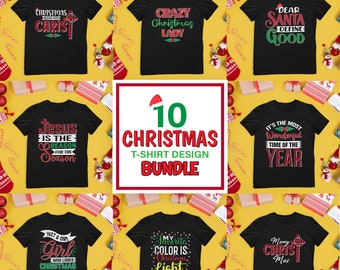 Könnte beinhalten: Eine Sammlung von zehn schwarzen T-Shirts zum Thema Weihnachten mit verschiedenen festlichen Designs und Texten. Die Designs enthalten Sätze wie "Christmas Begins with Christ", "Crazy Christmas Lady" und "Dear Santa Define Good". Die Shirts sind auf gelbem Hintergrund angeordnet.