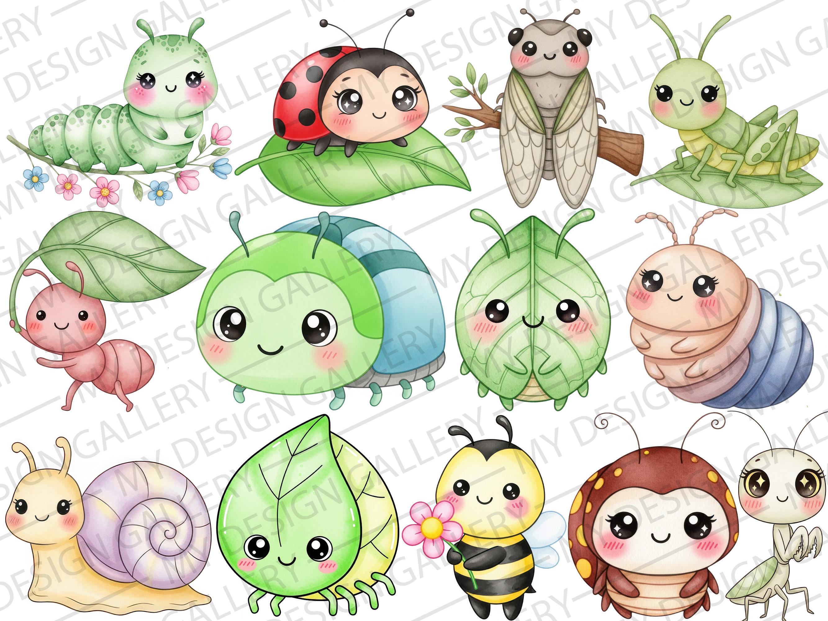 Kawaii Spring Bugs Clipart, Watercolor Insects PNG Bundle (digital ...