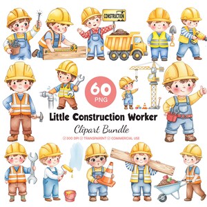 May include: A set of watercolour illustrations of cartoon construction workers. Each worker is shown wearing a yellow hard hat and holding tools such as a hammer, spanner, and measuring tape. The text "Little Construction Worker Clipart Bundle" is also visible.