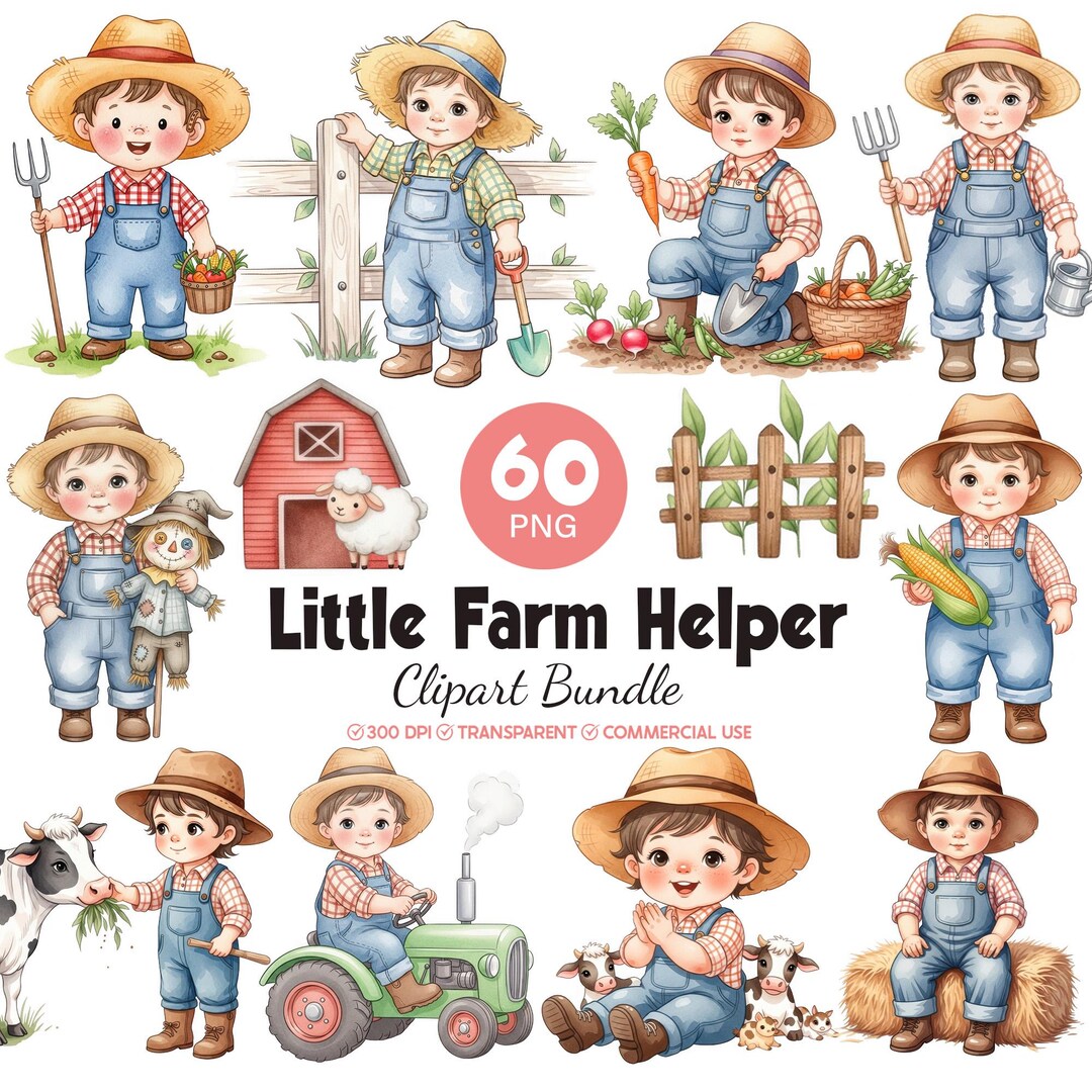 Farmhelper Picture Little Farm Helper Clipart Bundle Kids Watercolor Farmer Animals ...