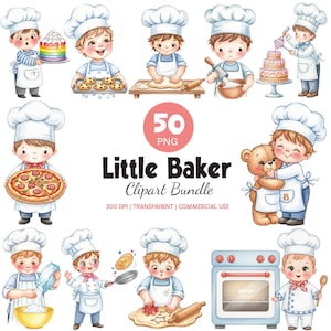 May include: A digital clipart bundle titled "Little Baker" featuring illustrations of children in chef hats and aprons baking various treats, including cakes, cookies, and pizza. The image includes the text "50 PNG" and "Clipart Bundle".