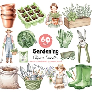 Puede incluir: Un conjunto de ilustraciones digitales con elementos de jardinería que incluyen macetas de terracota, una bandeja de semillero, una jardinera de madera, una manguera verde enrollada, guantes verde claro, tijeras de podar, tierra y herramientas.