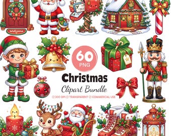Christmas Watercolor Clipart Bundle, Santa Festive Illustrations, Xmas Sublimation, Winter Holiday Scrapbook Invitations PNG