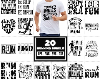 Puede incluir: Un conjunto de 20 diseños temáticos de running en formatos EPS, PNG, SVG y DXF. Incluye varios gráficos basados en texto como "Today's Miles are Tomorrow's Smile" y "Running is my Therapy".