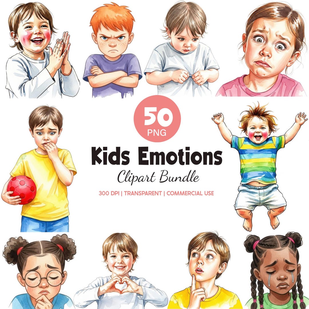 Watercolor Kids Emotions Clipart Bundle, Children Feelings PNG, SEL ...