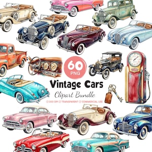 May include: A digital collection of vintage car illustrations featuring various classic automobiles in colours like pink, blue, red, and green, a dashboard, a gas pump, and a key, with text reading 60 PNG Vintage Cars Clipart Bundle.
