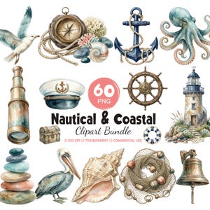 May include: A digital clipart bundle featuring nautical and coastal elements including a seagull, compass, anchor, octopus, telescope, captain's hat, ship wheel, lighthouse, treasure chest, life ring, stacked stones, pelican, shell, net, and bell.