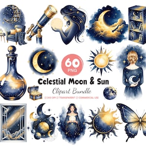 Puede incluir: Un paquete de imágenes prediseñadas digitales con temas celestiales que incluyen un telescopio, lunas crecientes, soles, estrellas, una mariposa, una estantería, una botella y figuras sosteniendo lunas, con el texto Celestial Moon & Sun Clipart Bundle 60 PNG.
