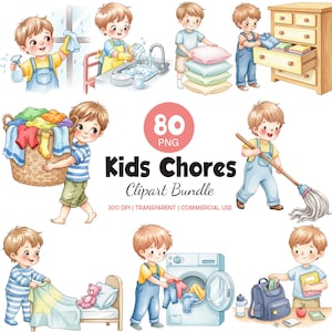 May include: A digital clipart bundle titled "Kids Chores" showing illustrations of a child performing household tasks. The images include cleaning, laundry, and organising, with the text "80 PNG" and "300 DPI | TRANSPARENT | COMMERCIAL USE".