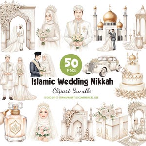 Puede incluir: Un paquete de imágenes prediseñadas digitales con 50 archivos PNG que ilustran escenas de bodas islámicas, incluyendo parejas con vestimenta tradicional, mezquitas, un coche antiguo, un pastel de bodas, un frasco de perfume y flores con el texto Islamic Wedding Nikkah.